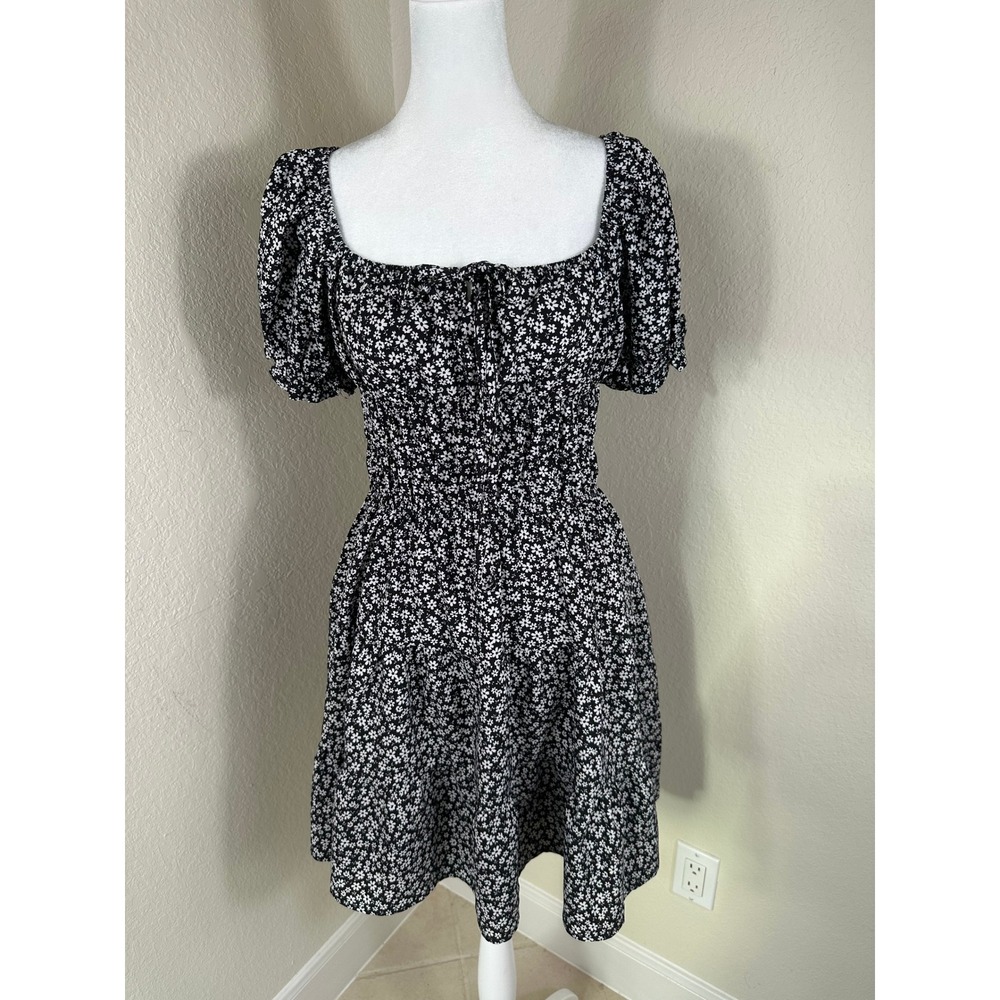 Hesperus‎ Floral Mini Dress Womens L Black White Cottagecore Boho Y2K Babydoll